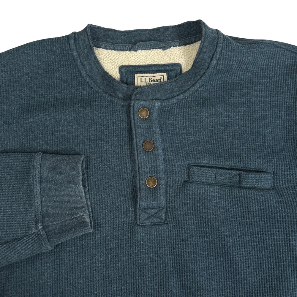 LL Bean Katahdin Iron Works Bonded Waffle Fleece Henley Shirt Blue Men L 298100